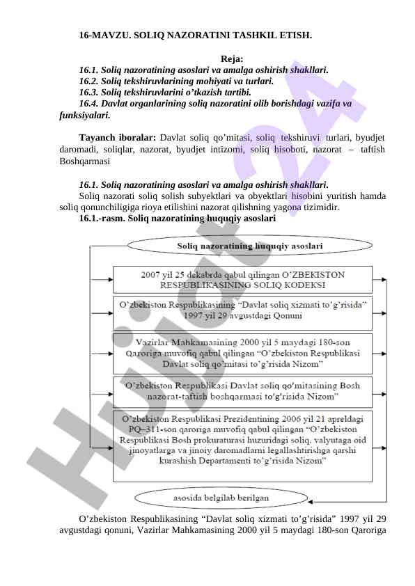 Soliq nazoratining tashkil etish asoslari
