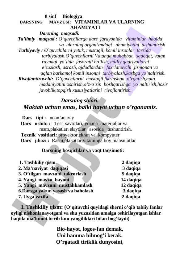 Vitaminlar va ularning ahmiyati dars rejasi