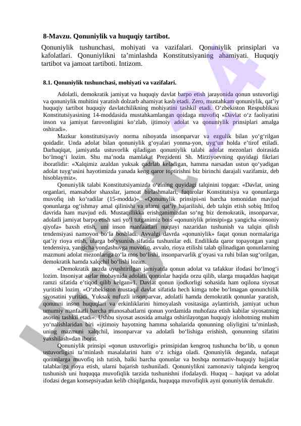 Qonuniylik va huquqiy tartibotning muhim asoslari
