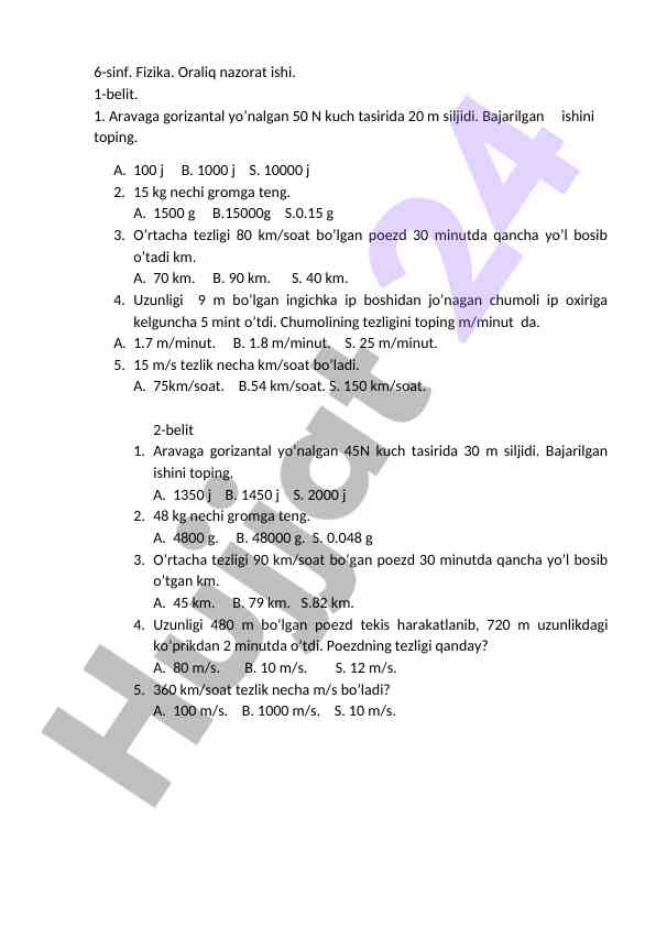 Fizika oraliq nazorat ishi 6-sinf