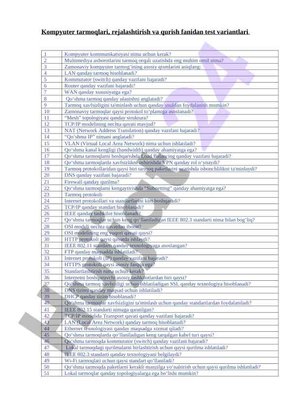Kompyuter tarmoqlari test variantlari