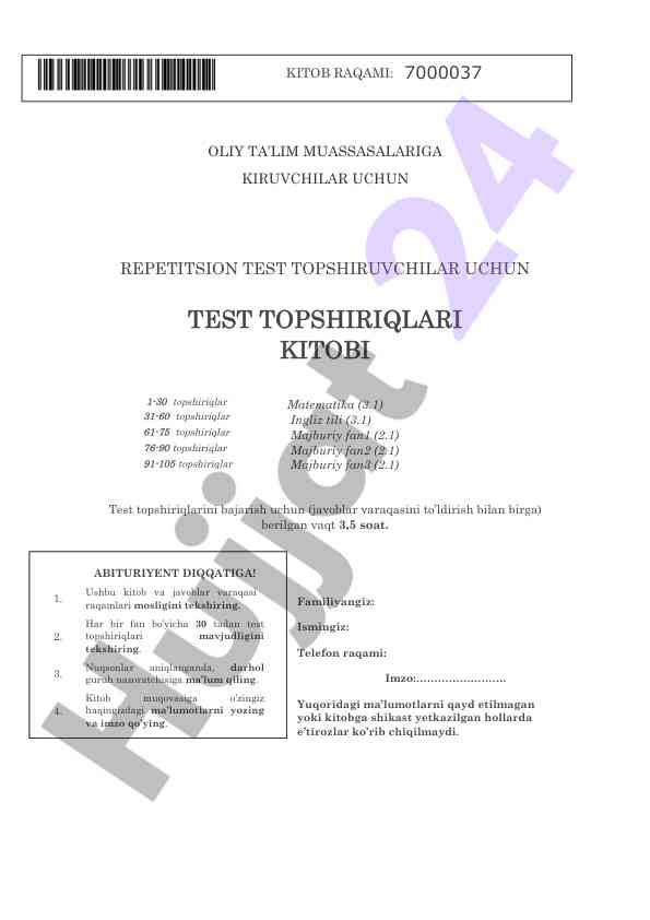 Oliy ta'lim kiruvchilar uchun repetitsion testlar