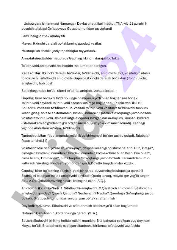 Ikkinchi darajali bo'laklarning gapdagi vazifasi