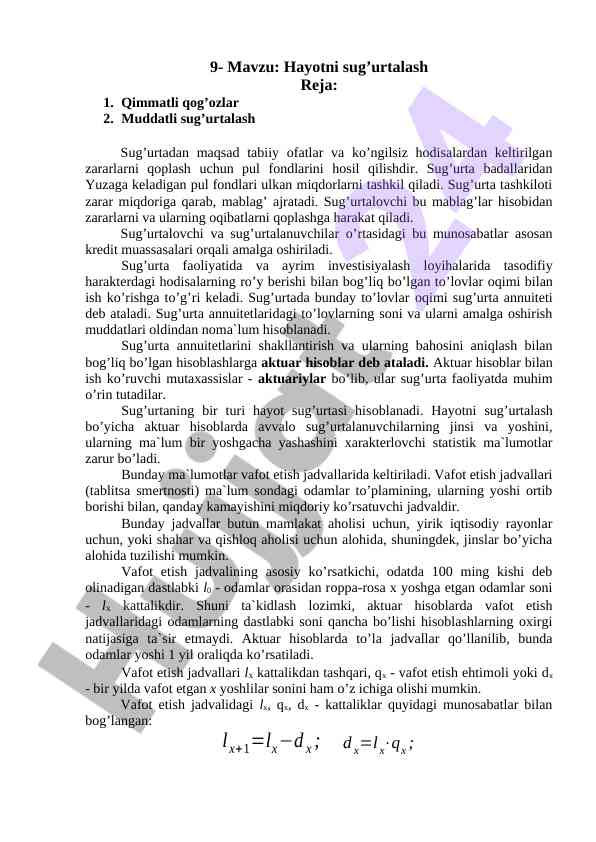 Hayotni sug’urtalash mavzusi bo’yicha qimmatli qog’ozlar