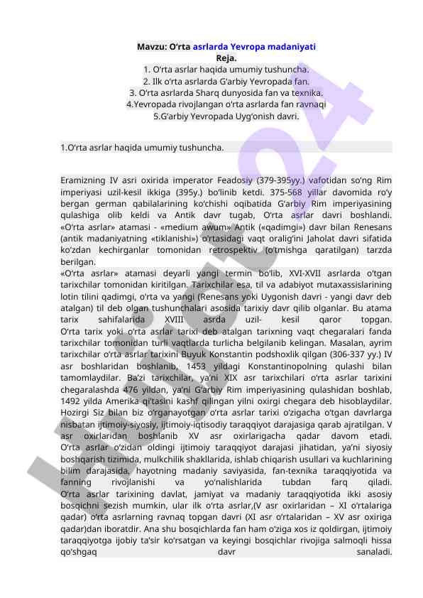 O‘rta Asrlarda Yevropa Madaniyati