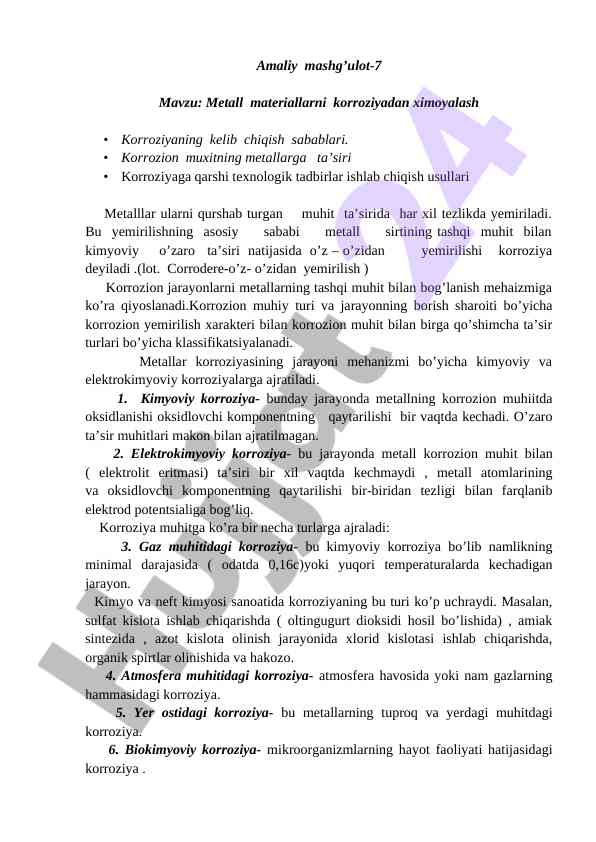 Metall materiallarni korroziyadan ximoyalash usullari