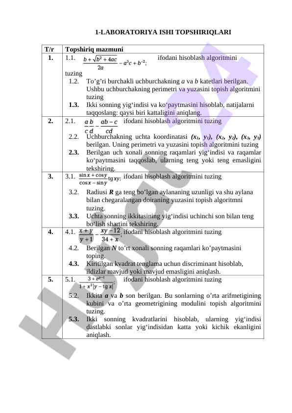 1-laboratoriya ishlari topshiriqlari