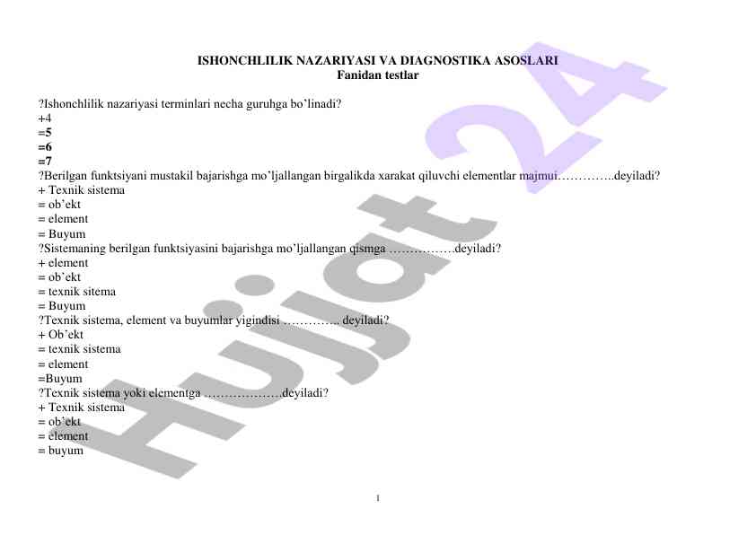 Ishonchlilik nazariyasi va diagnostika asoslari