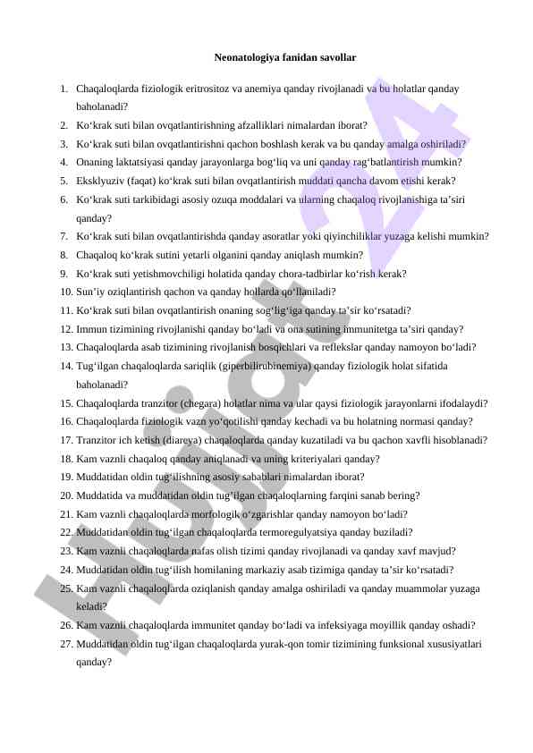 Chaqaloqlarda fiziologik eritrositoz va anemiya