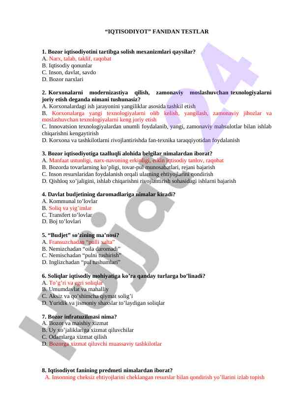 IQTISODIYOT FANIDAN TESTLAR