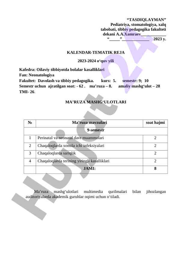 Kalendar-tematik reja 2023-2024 o‘quv yili