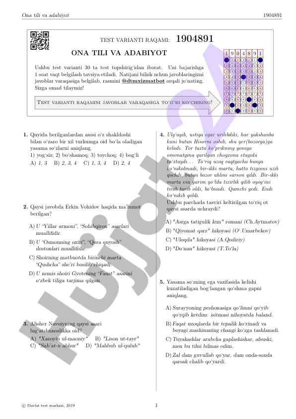 Ona tili va adabiyot test varianti raqami 1904891