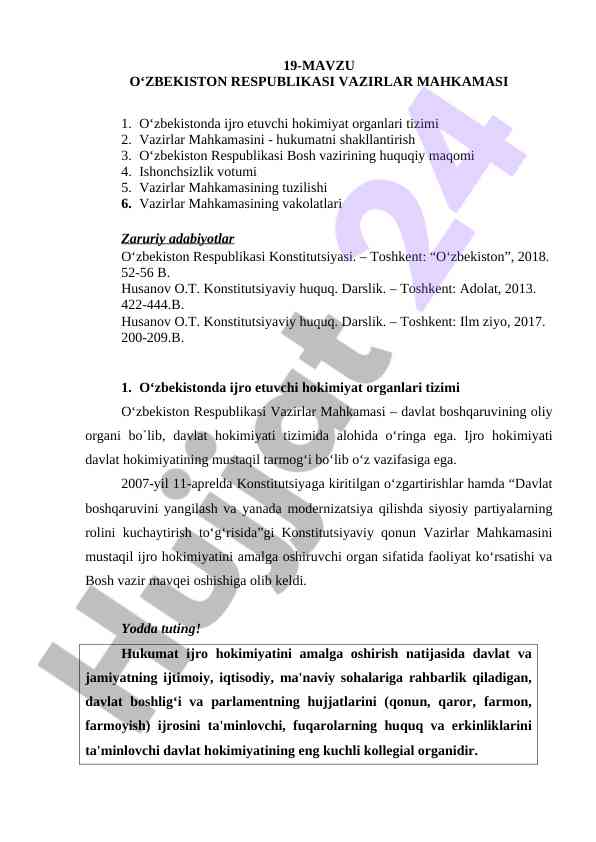 O‘zbekiston respublikasi vazirlar mahkamasining tizimi