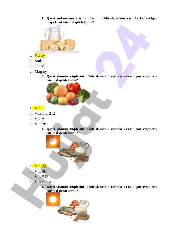 Mikroelementlar va vitaminlar haqida test savollari