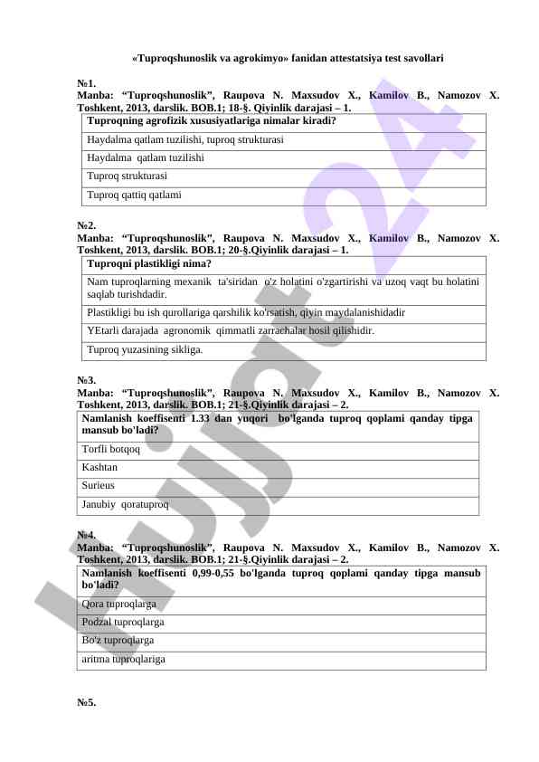 Attestatsiya test savollari tuproqshunoslik fani