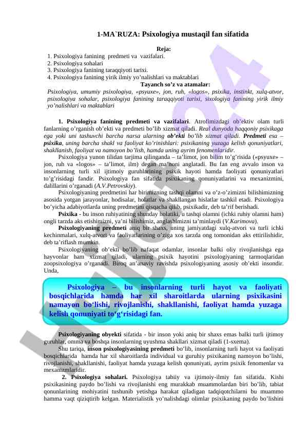 Psixologiya mustaqil fan sifatida imkoniyatlari