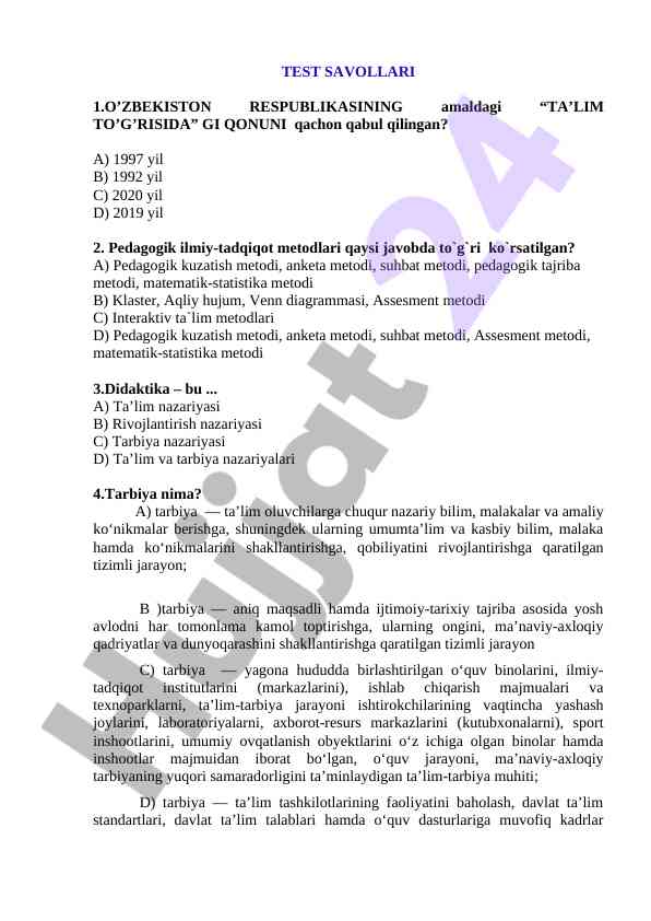 O’zbekiston ta’lim qonuniga doir savollar