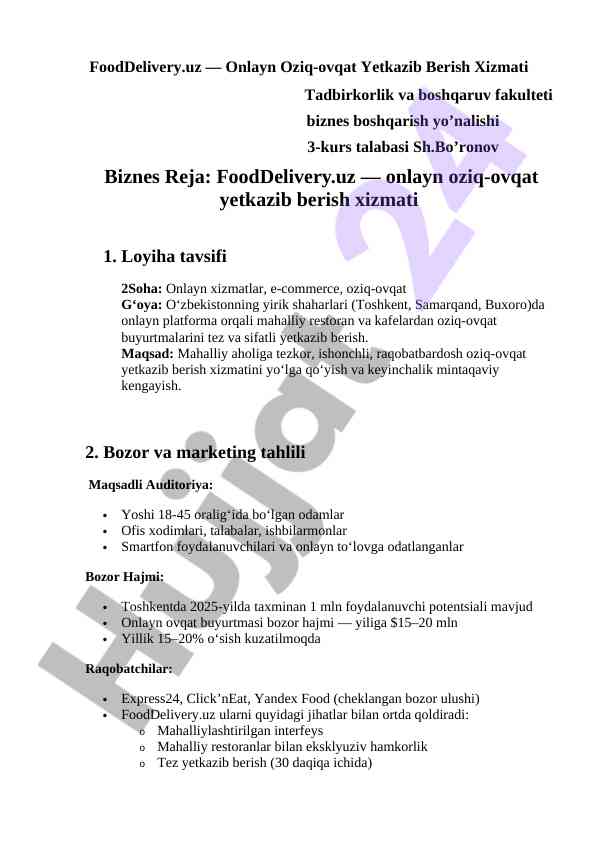 Online oziq-ovqat yetkazib berish xizmati taqdimoti