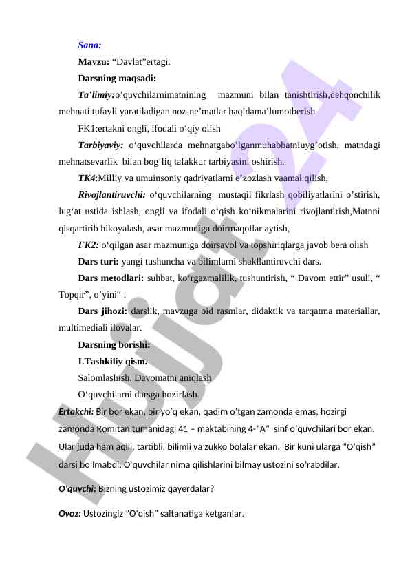 Davlat ertagiga tanishtirish dars ishlanmasi
