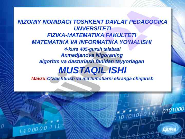 Algoritm va dasturlash fanidan mustaqil ish
