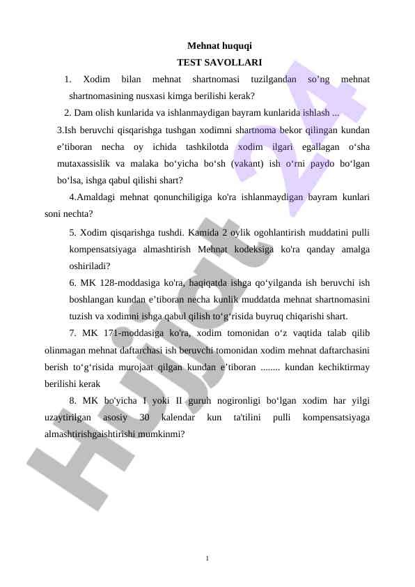 Mehnat huquqi test savollari va javoblari