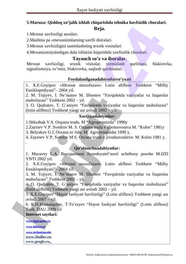 Qishloq xo'jalik ishlab chiqarishda texnika havfsizlik choralari