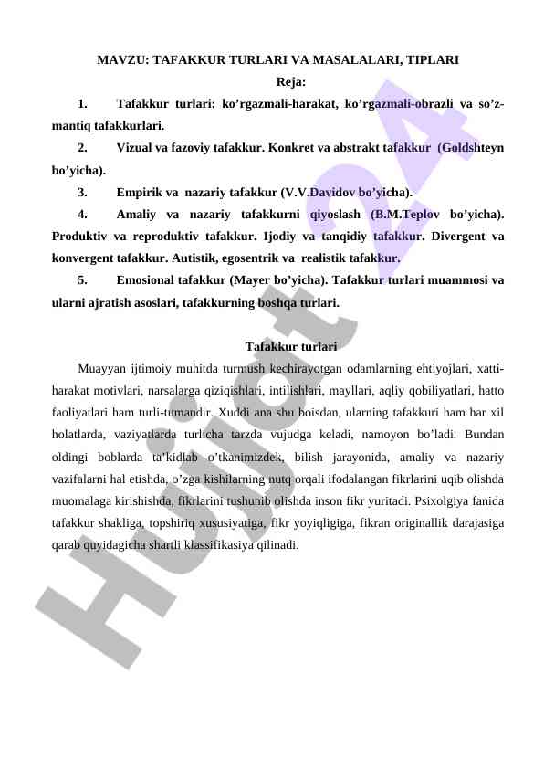 Tafakkur turlari va masalalari tiplari