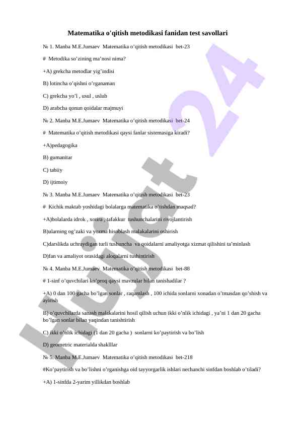 Matematika o'qitish metodikasi test savollari № 1
