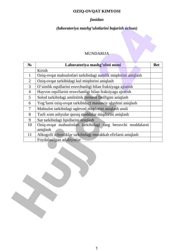 Oziq-ovqat kimyosi laboratoriya mashg‘ulotlari
