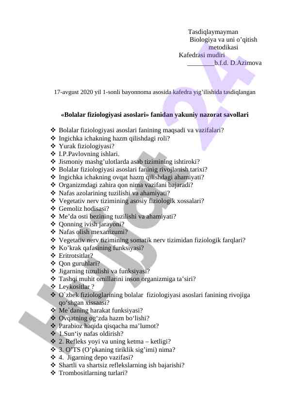 Bolalar fiziologiyasi asoslari fanidan nazorat savollari