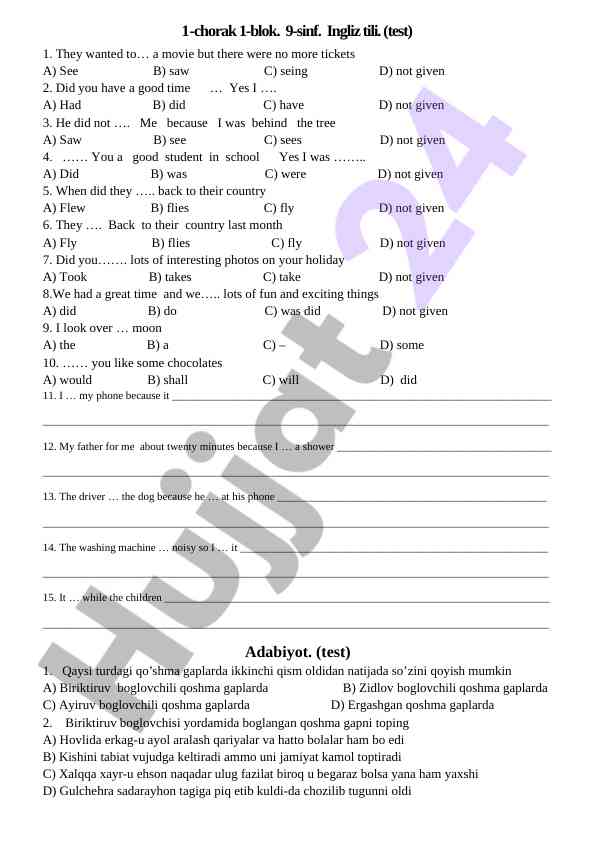 Ingliz tili test savollari 9-sinf uchun
