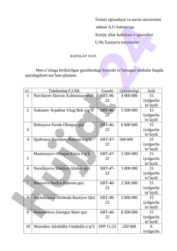 Kafolat xati bilan talabalar haqida ma’lumot