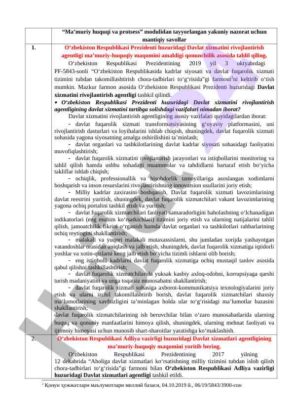 Ma'muriy huquq va protsess moduli bo'yicha savollar