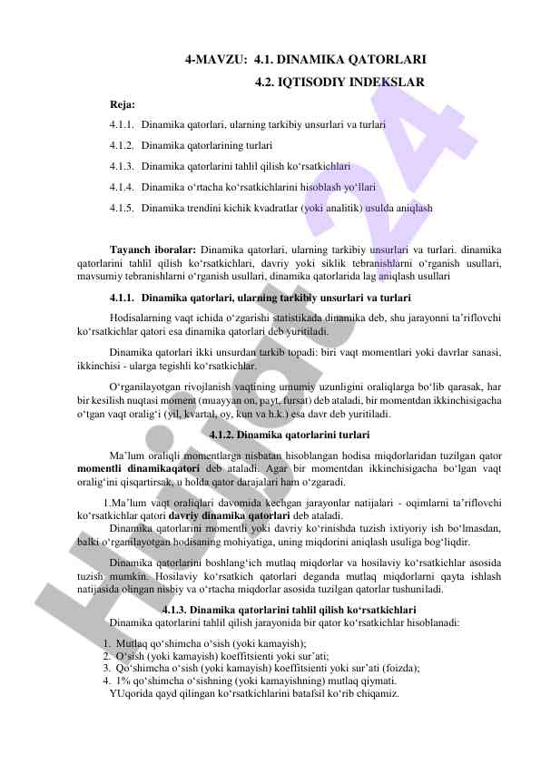 Dinamika qatorlari va iqtisodiy indekslar tahlili