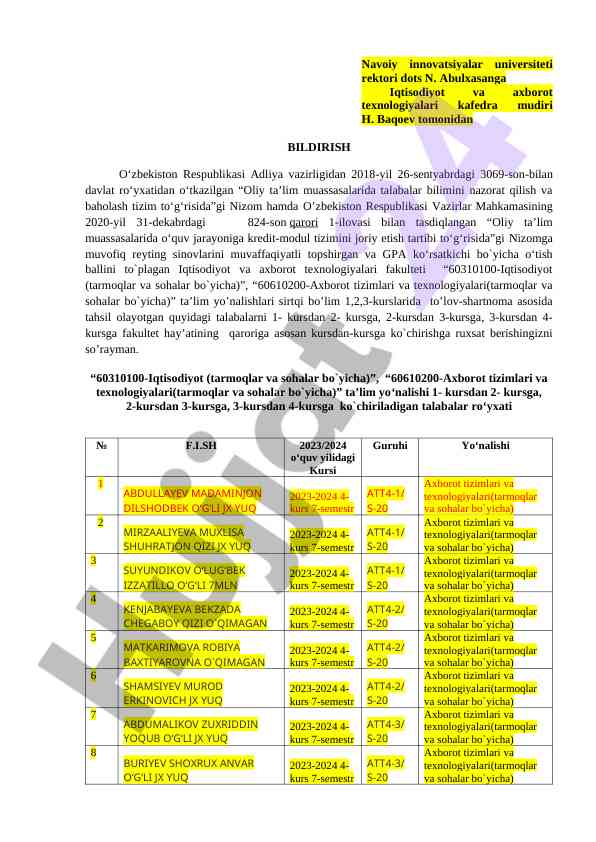 Oliy ta’lim muassasalarida nazorat tizimi