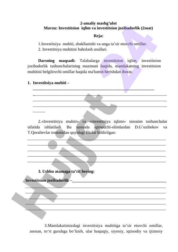 Investitsion iqlim va investitsion jozibadorlik