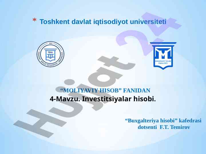 Investitsiyalar hisobi: 4-mavzu reja
