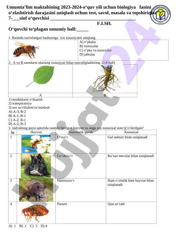 Biologiya fanini o‘zlashtirish testi 2023-2024