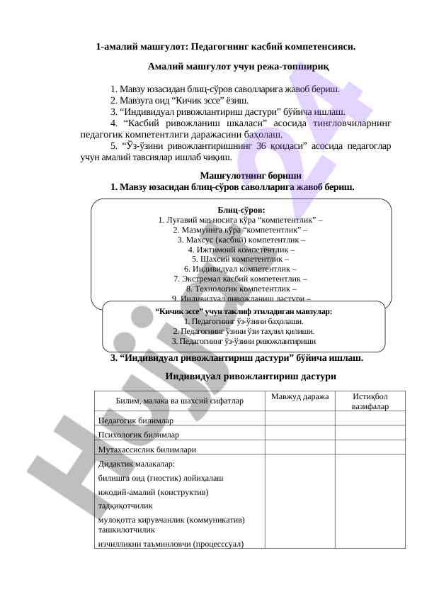 Педагогнинг касбий kompetensiyasi amaliy mashgʻulot