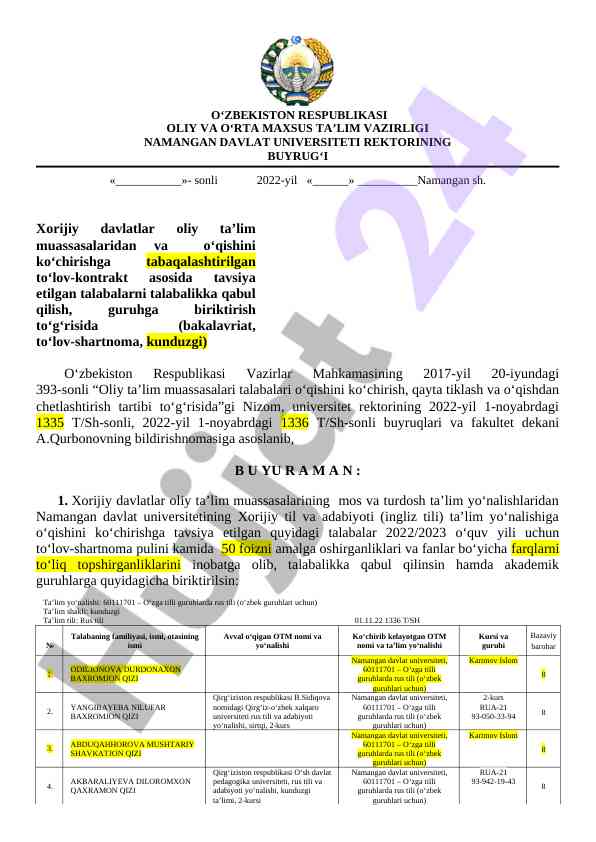 Xorijiy talabalarni o‘qishga qabul qilish tartibi