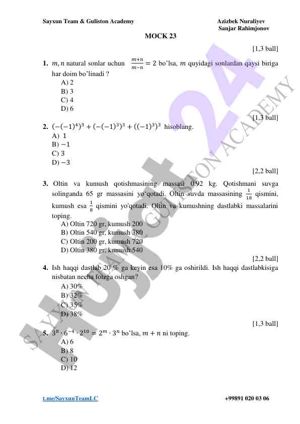 Matematik testlar va masalalar