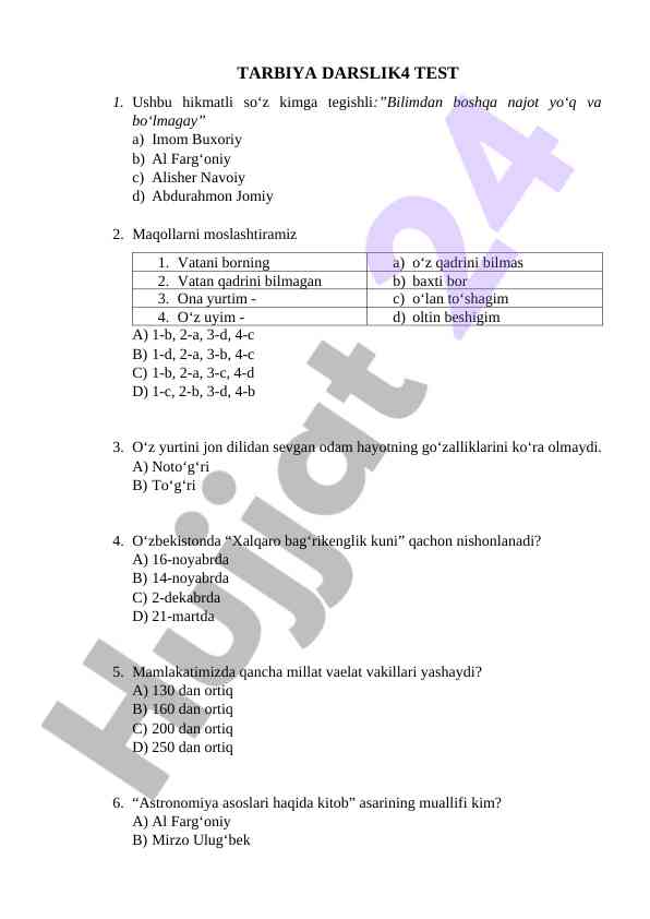 Tarbiya darslik test savollari va javoblar