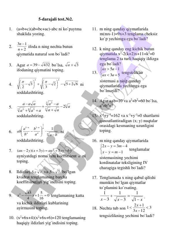 5-darajali test №2: algebraik ifodalar