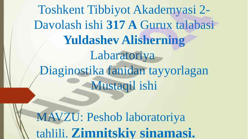 Peshob laboratoriya tahlili zimnitskiy sinamasi