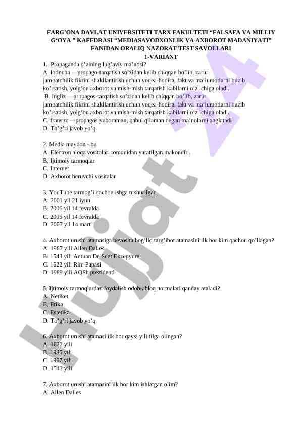 Mediasavodxonlik va axborot madaniyati test savollari