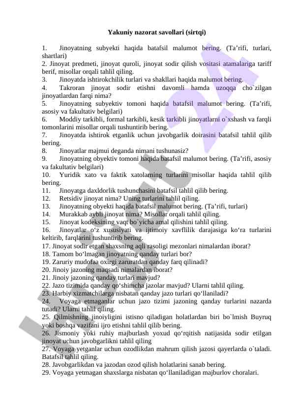 Jinoyat huquqi boyicha yakuniy nazorat savollari