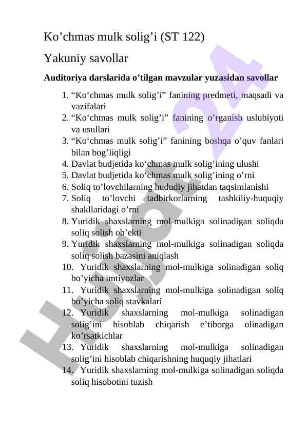 Ko’chmas mulk solig’i mavzulari yig’indisi