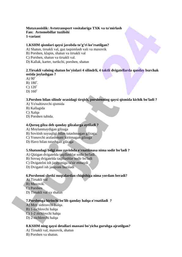 Avtomobillar tuzilishi testlari 1-variant