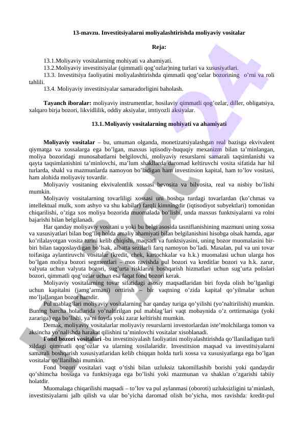 Moliyalashtirishda moliyaviy vositalar tahlili