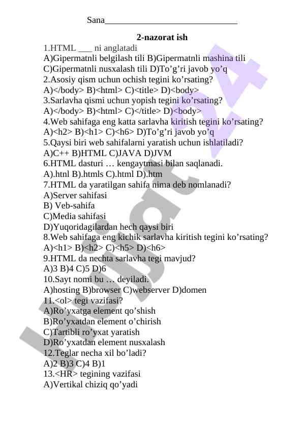 Html boyicha 2-nazorat ishi